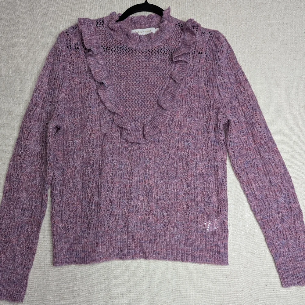 Bishop + Young Ruffle Lace Knit Sweater Purple Mock Neck M - Picture 1 of 9